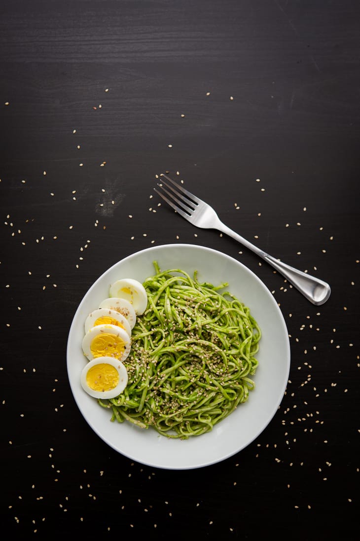 Chili Spinach Pesto Noodle Bowl | @naturallyella