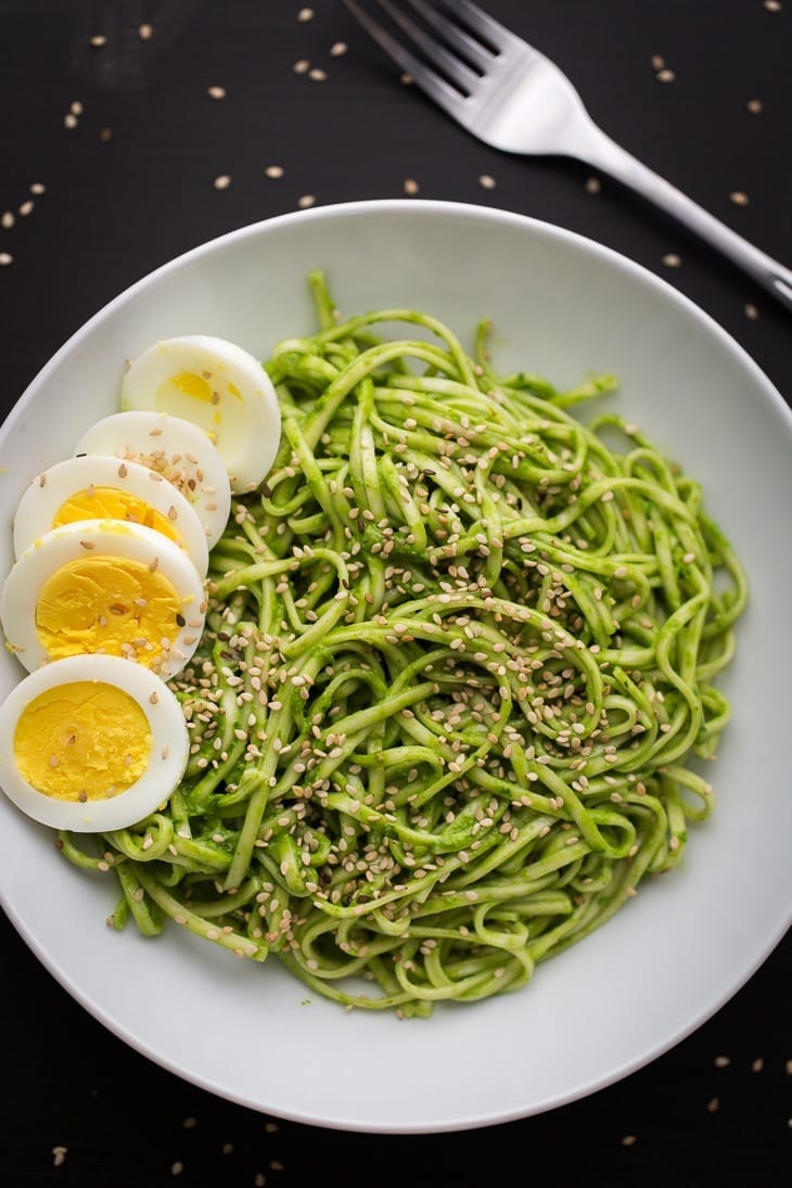 Chili Spinach Pesto Noodle Bowl | @naturallyella