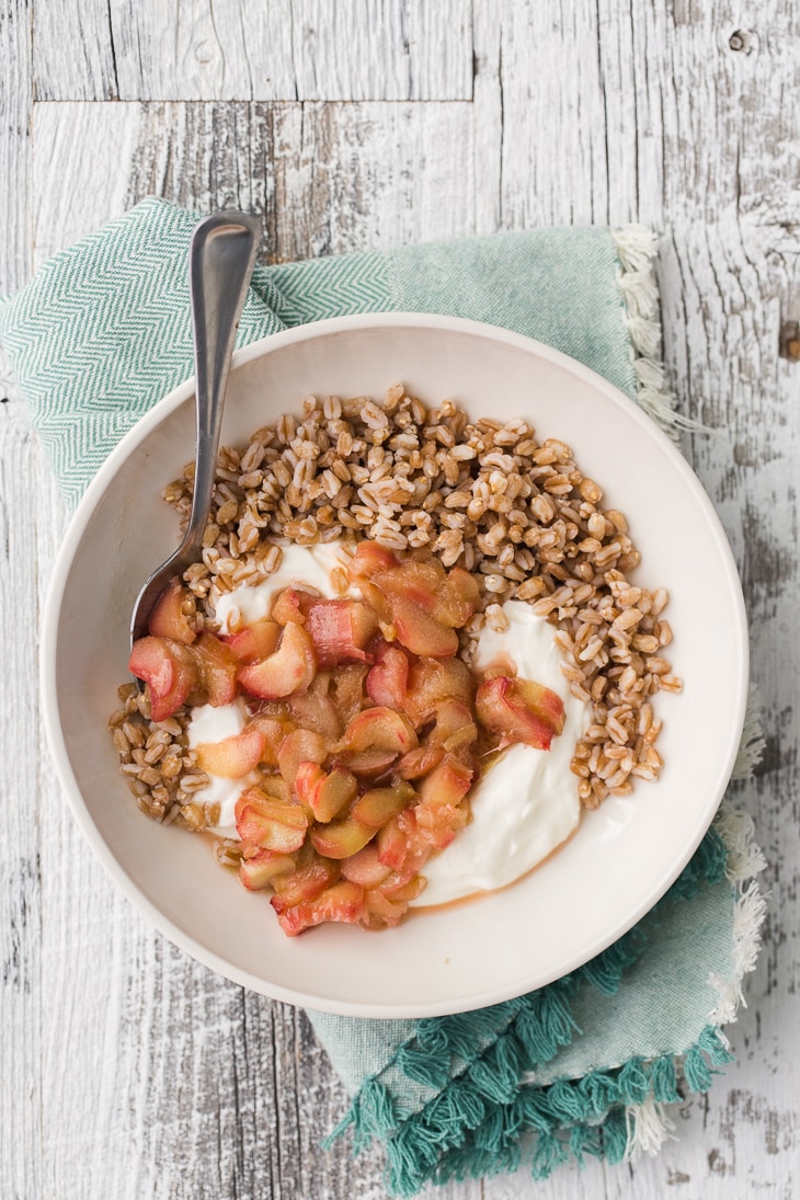 Farro Yogurt Bowl with Maple Rhubarb | @naturallyella