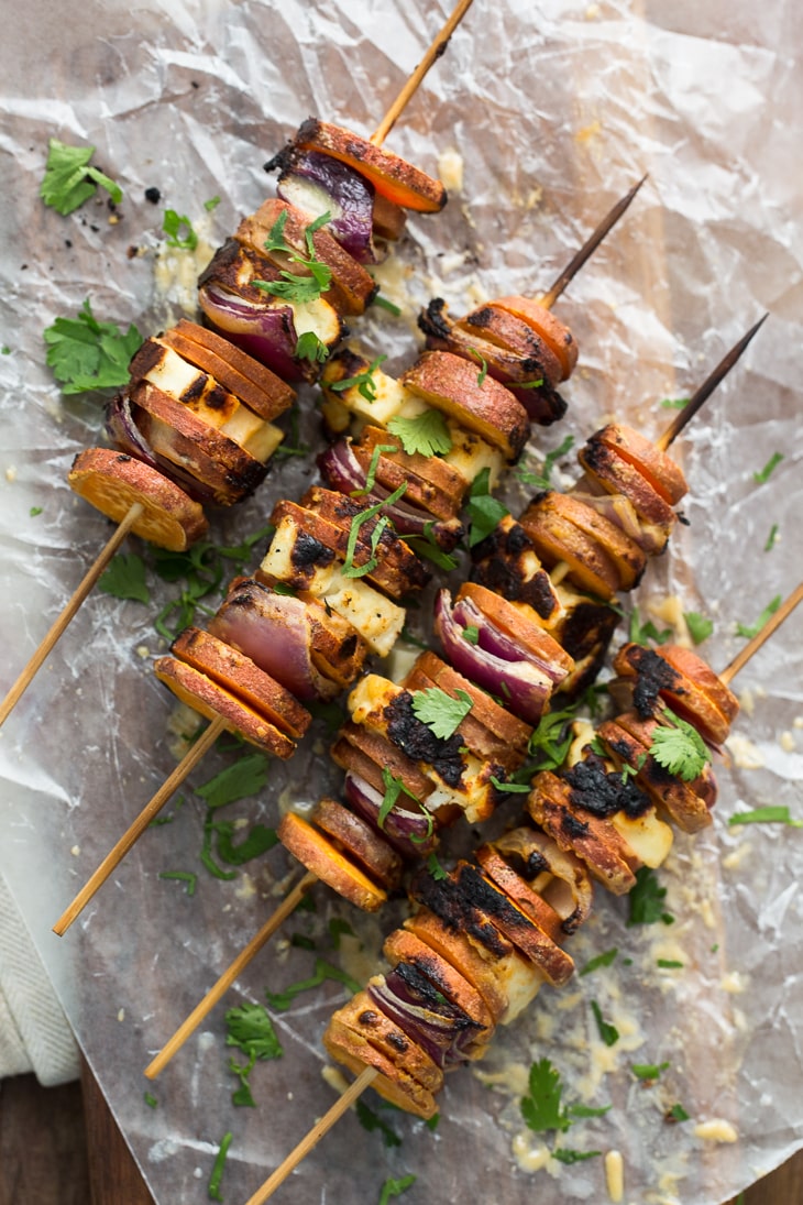 Grilled Sriracha-Tahini Sweet Potato Skewers with Halloumi