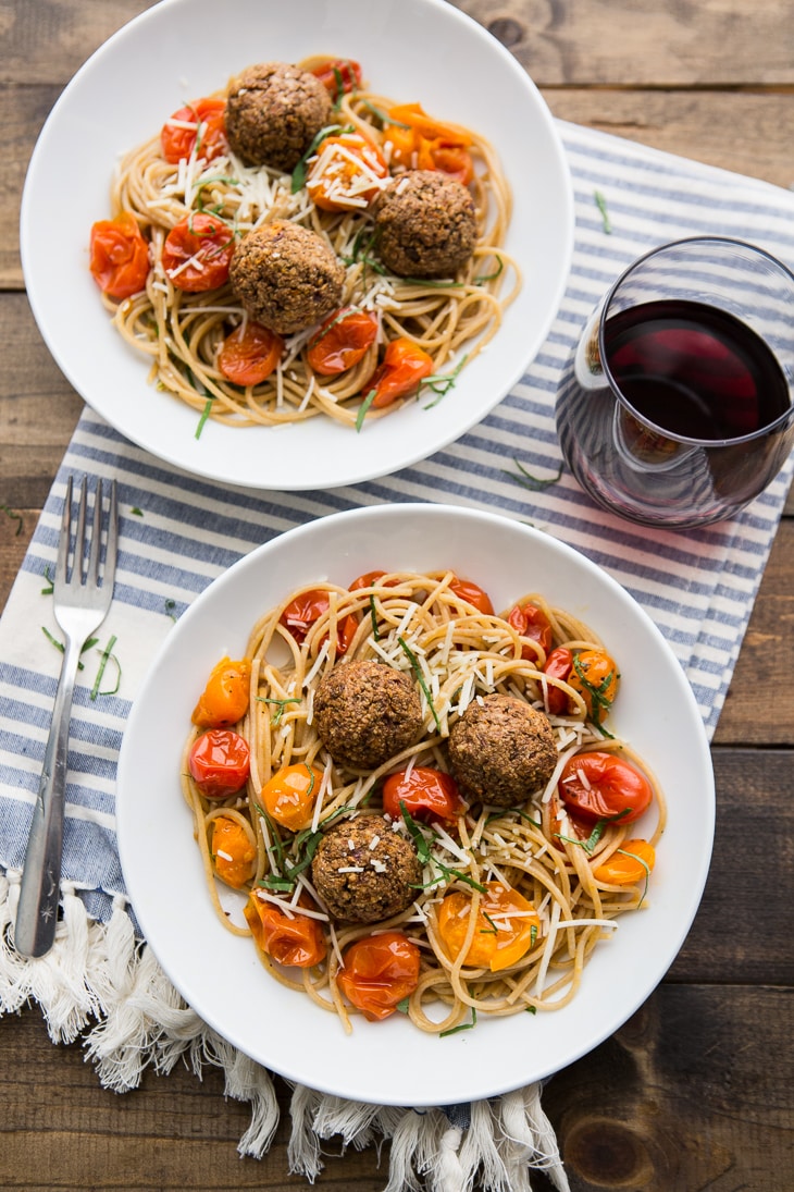 Lentil Meatballs with Burst Tomato Pasta | @naturallyella