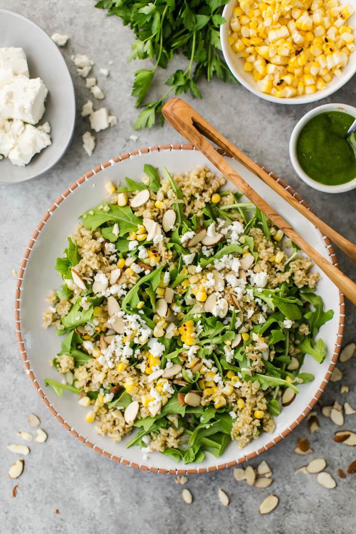 Freekeh Salad with Sweet Corn, Feta, and Arugula | http://naturallyella.com