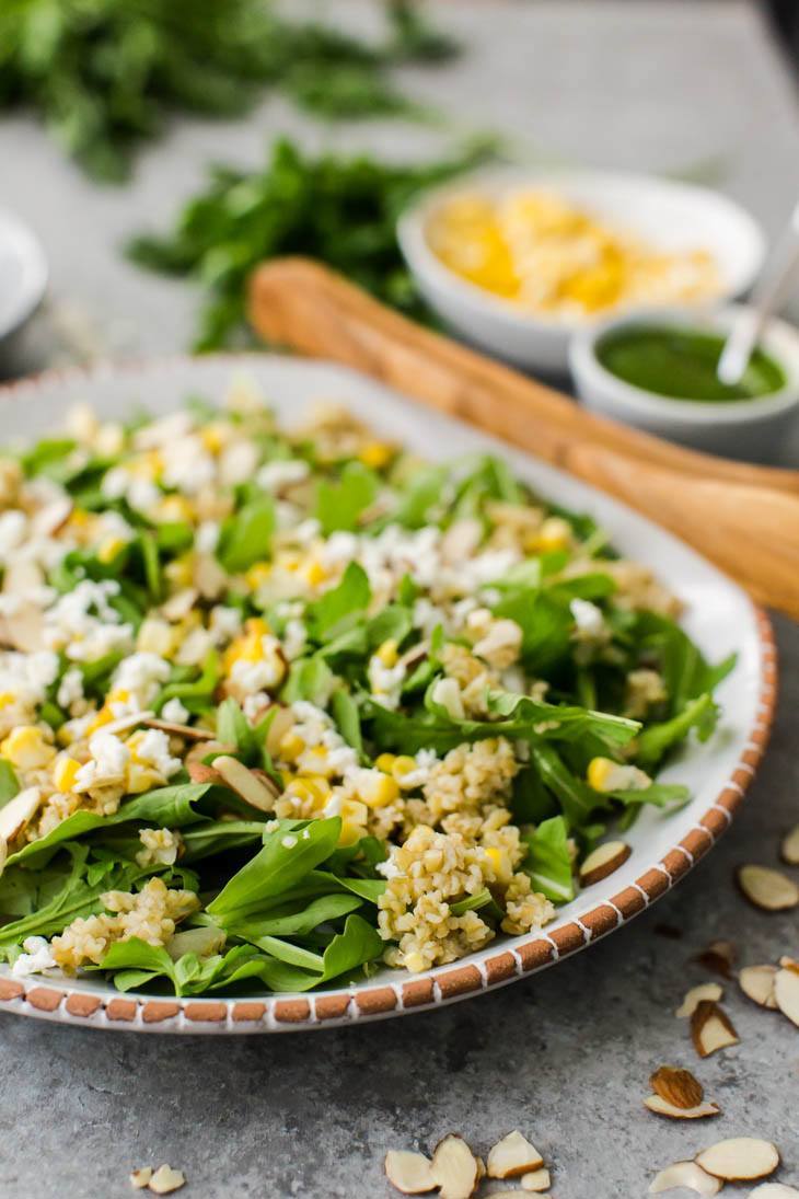 Freekeh Salad with Sweet Corn and Arugula  | http://naturallyella.com