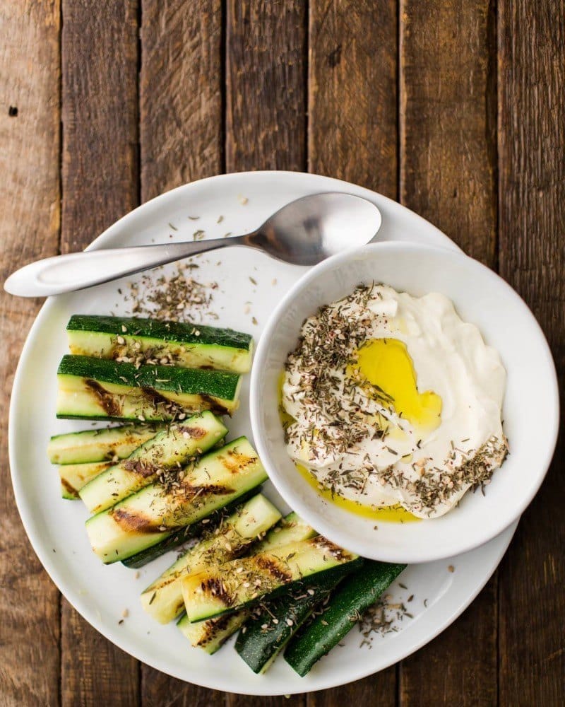 Grilled Zucchini with Lemon Labneh and Za'atar | http://naturallyella.com