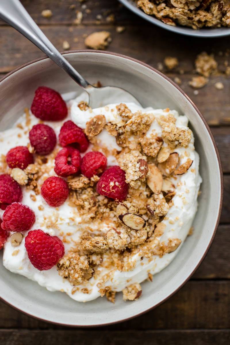 Maple quinoa granola with yogurt | http://naturallyella.com