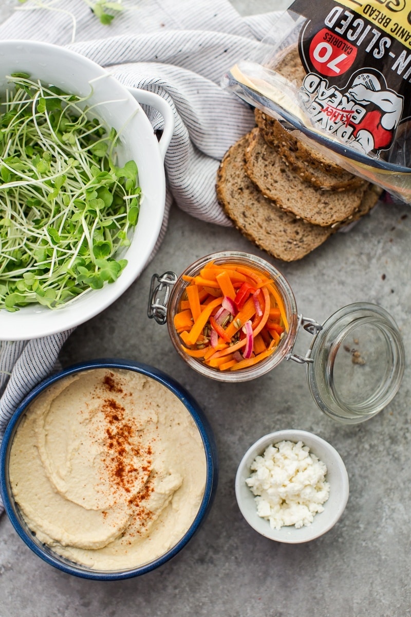 Pickled Carrot and Hummus Sandwich with Feta | http://naturallyella.com