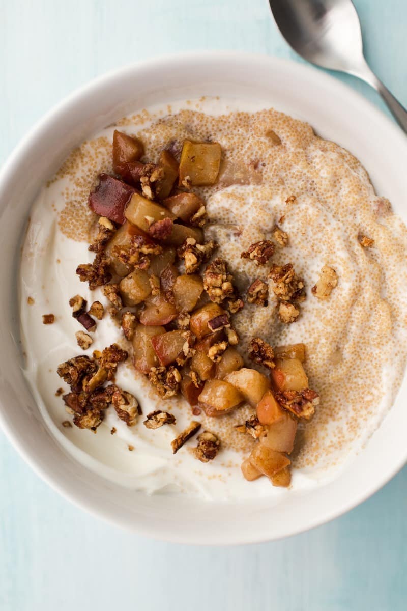 Amaranth Porridge with Roasted Pears, Maple Pecans, and Yogurt