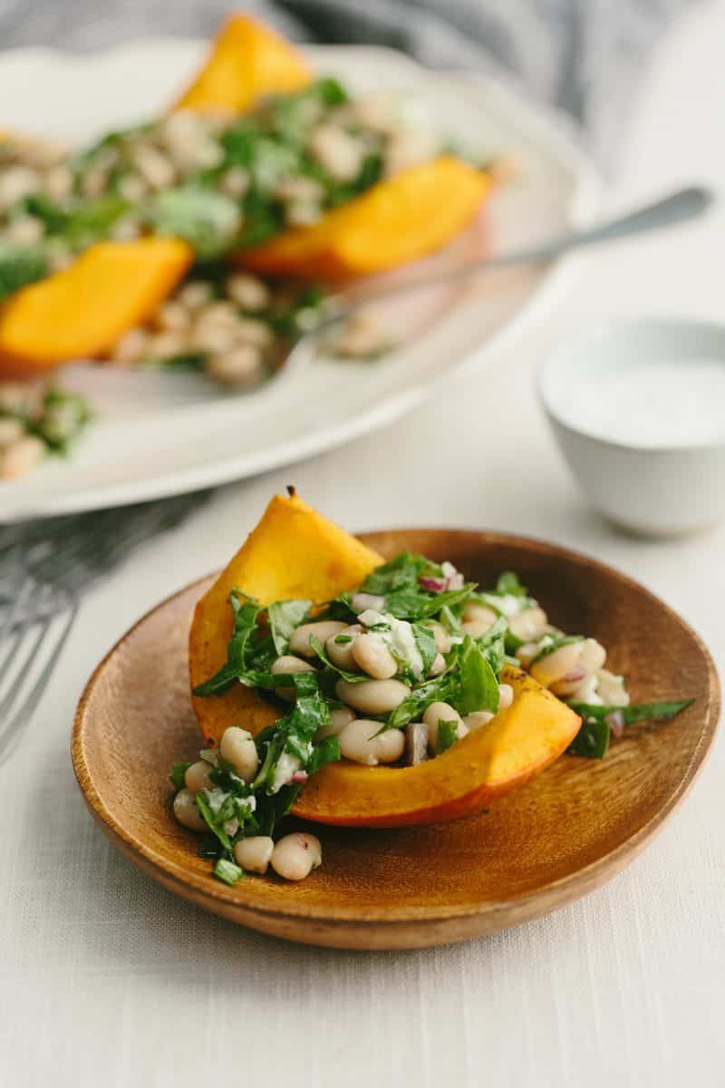 Roasted Red Kuri Squash with Cannellini Bean and Spinach Salad