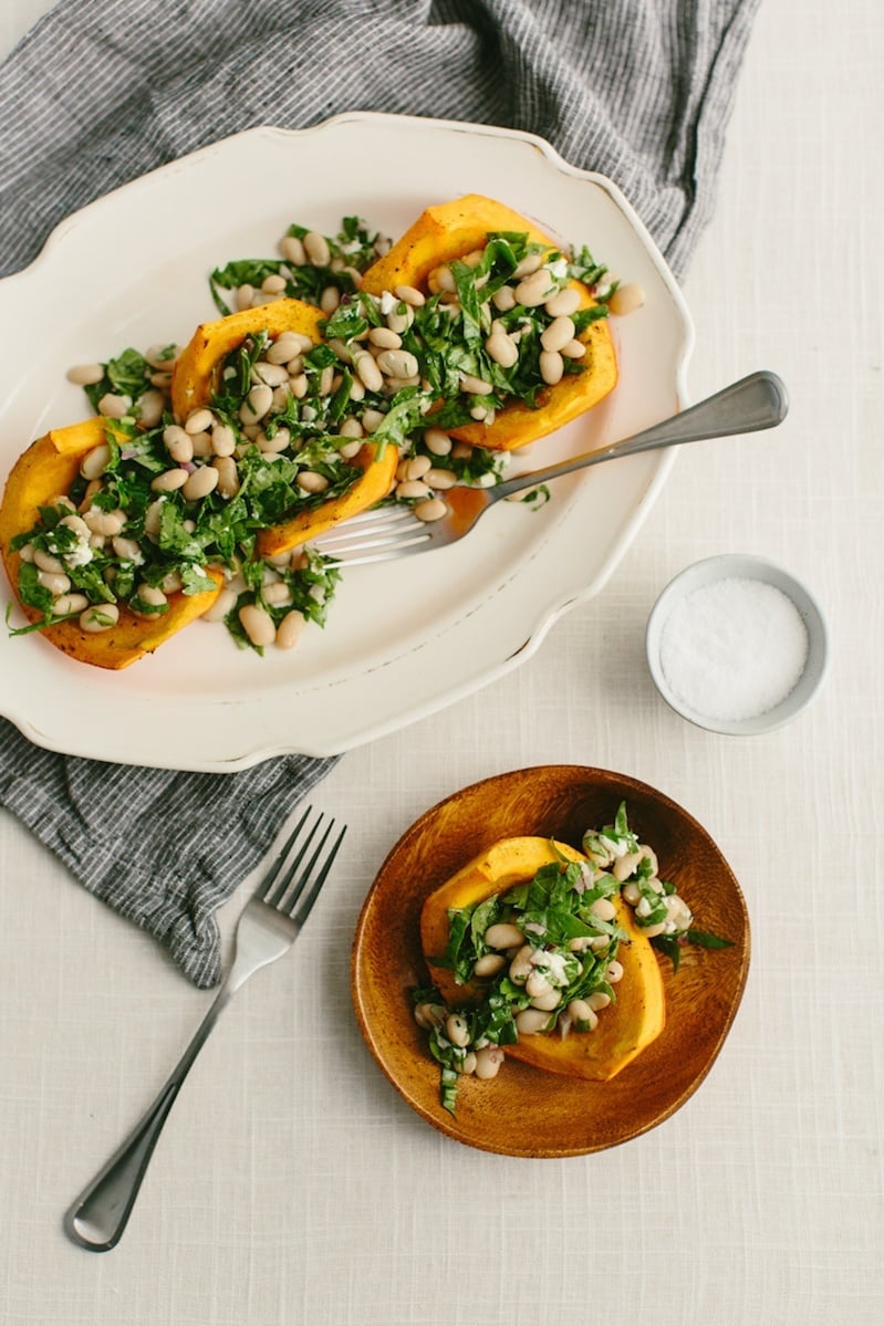 Roasted Red Kuri Squash with Cannellini Bean and Spinach Salad