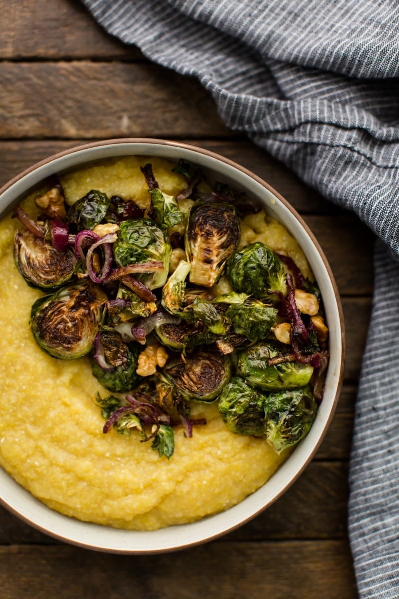 Balsamic Roasted Brussels Sprouts with Creamy Polenta