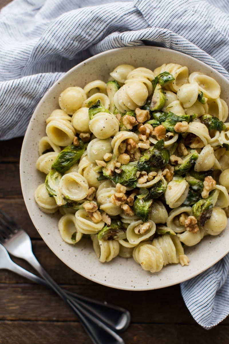 Brussels Sprout Pasta with Lemon Cream Sauce and Walnuts