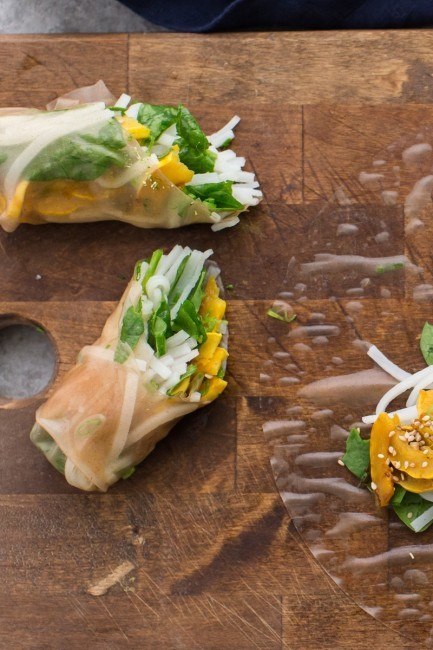 Sesame Delicata Squash Spring Rolls with Spinach