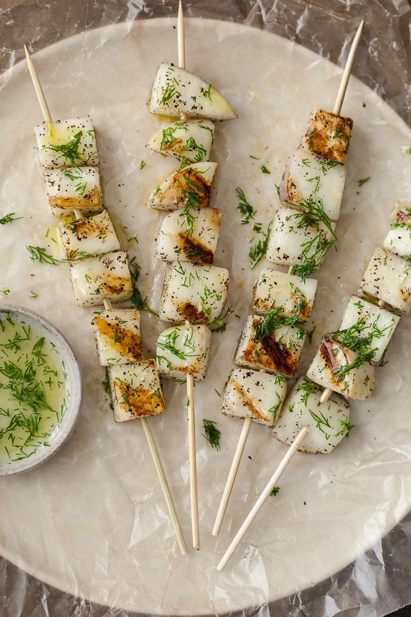 Grilled Turnips Skewers with Dill Olive Oil