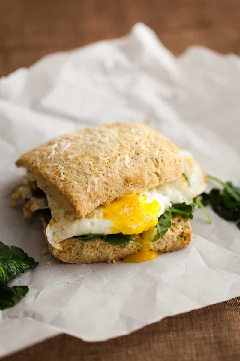 Fried Egg Biscuit Sandwich with Garlicky Greens