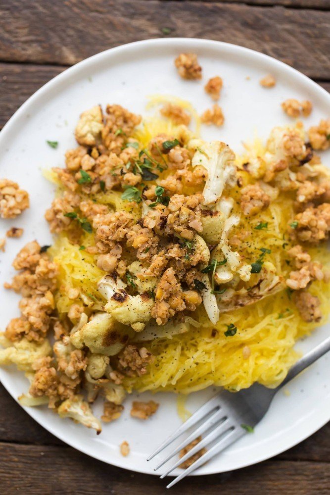Roasted Spaghetti Squash with Thyme Butter and Chickpea Crumble