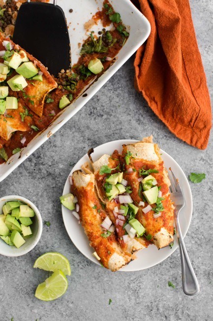 Spinach Enchiladas with Lentils and Homemade Enchilada Sauce