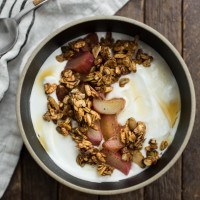 Clumpy Granola with Stewed Rhubarb from the cookbook Chickpea Flour does it All