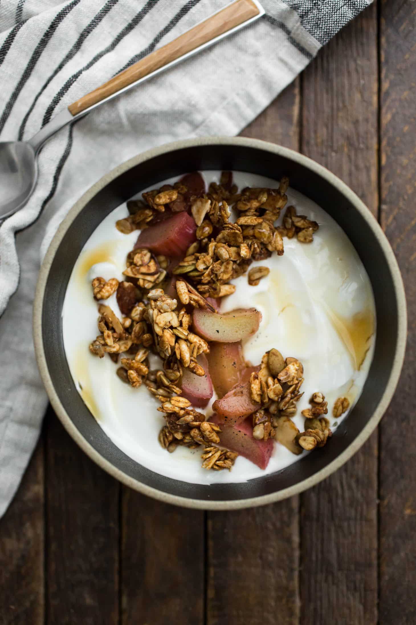 Clumpy Granola with Stewed Rhubarb from the cookbook Chickpea Flour does it All