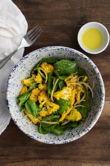 Turmeric Tahini Roasted Cauliflower Salad with Lemon Dressing | @naturallyella