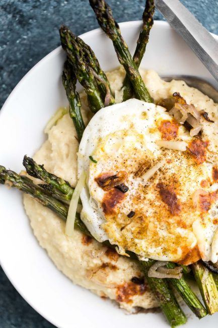 Cheesy Millet Polenta with Roasted Asparagus and Shallots | @naturallyella