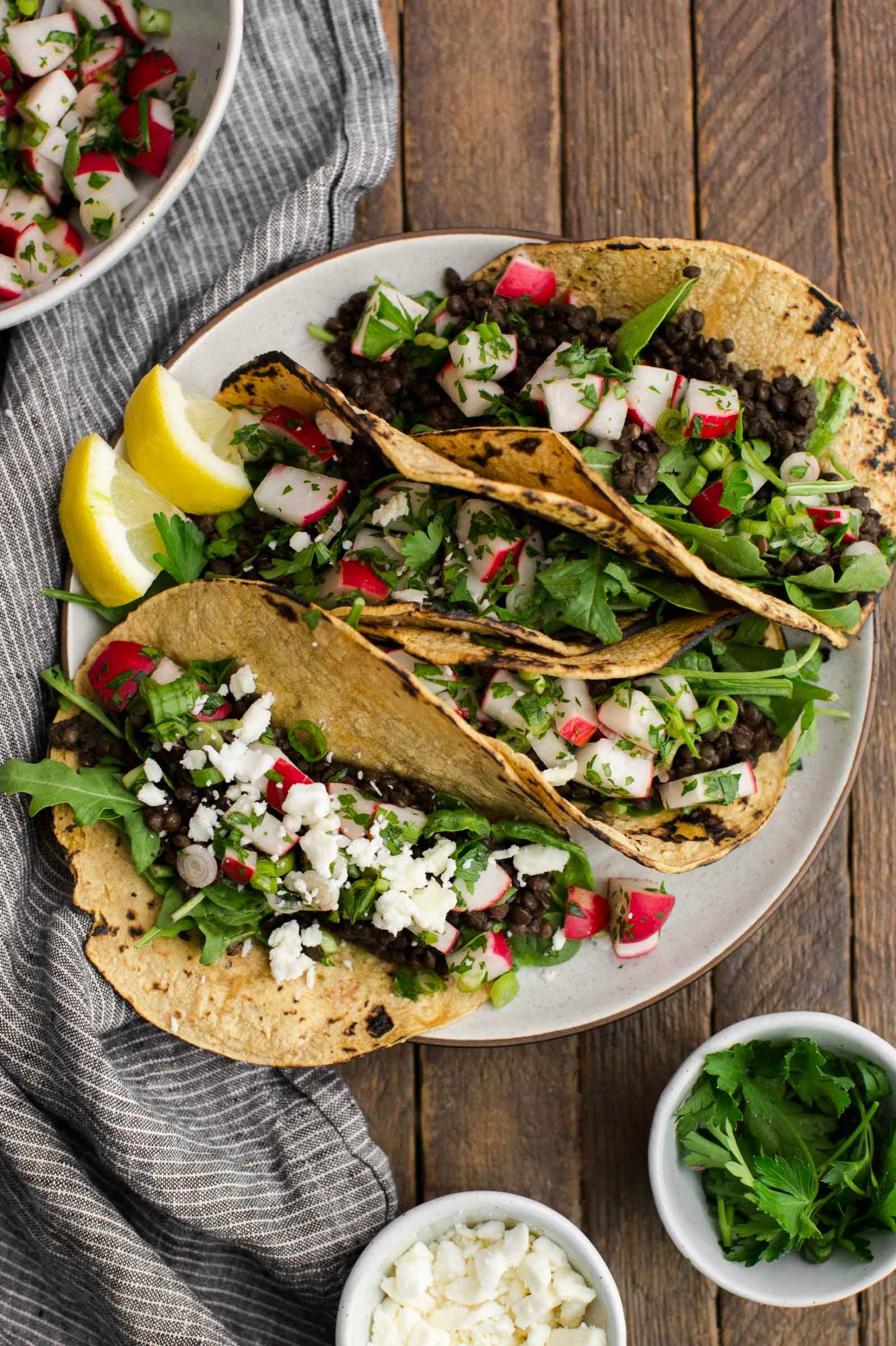 Spicy Lentil Tacos with Radish Salsa and Feta