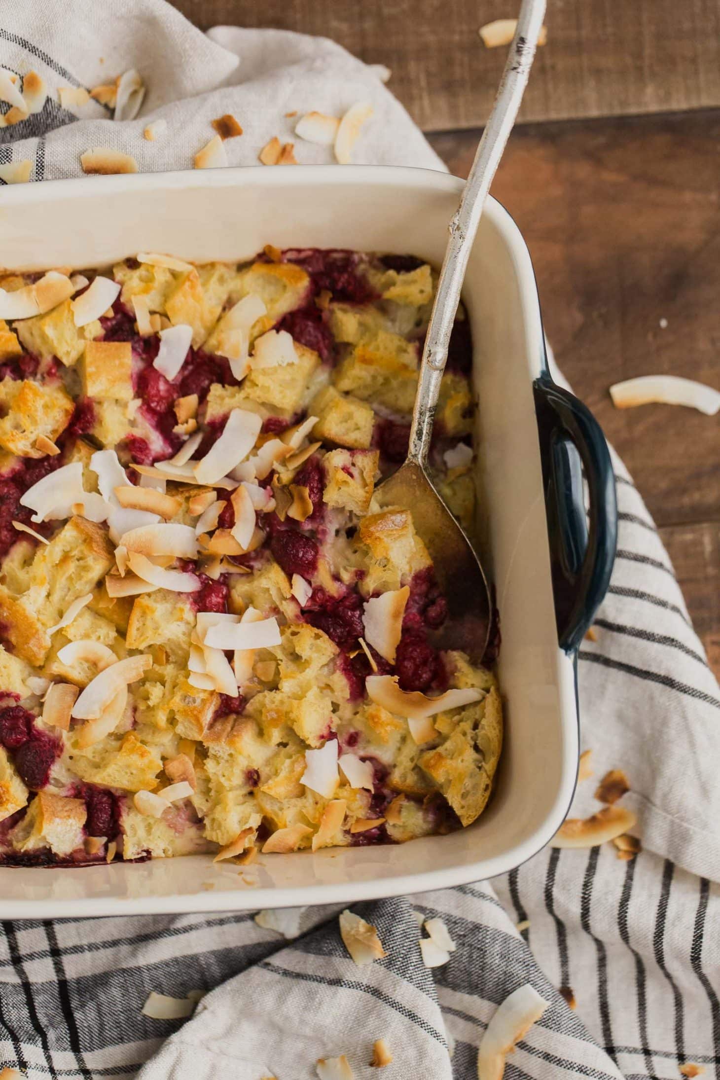 Coconut Bread Pudding with Raspberries