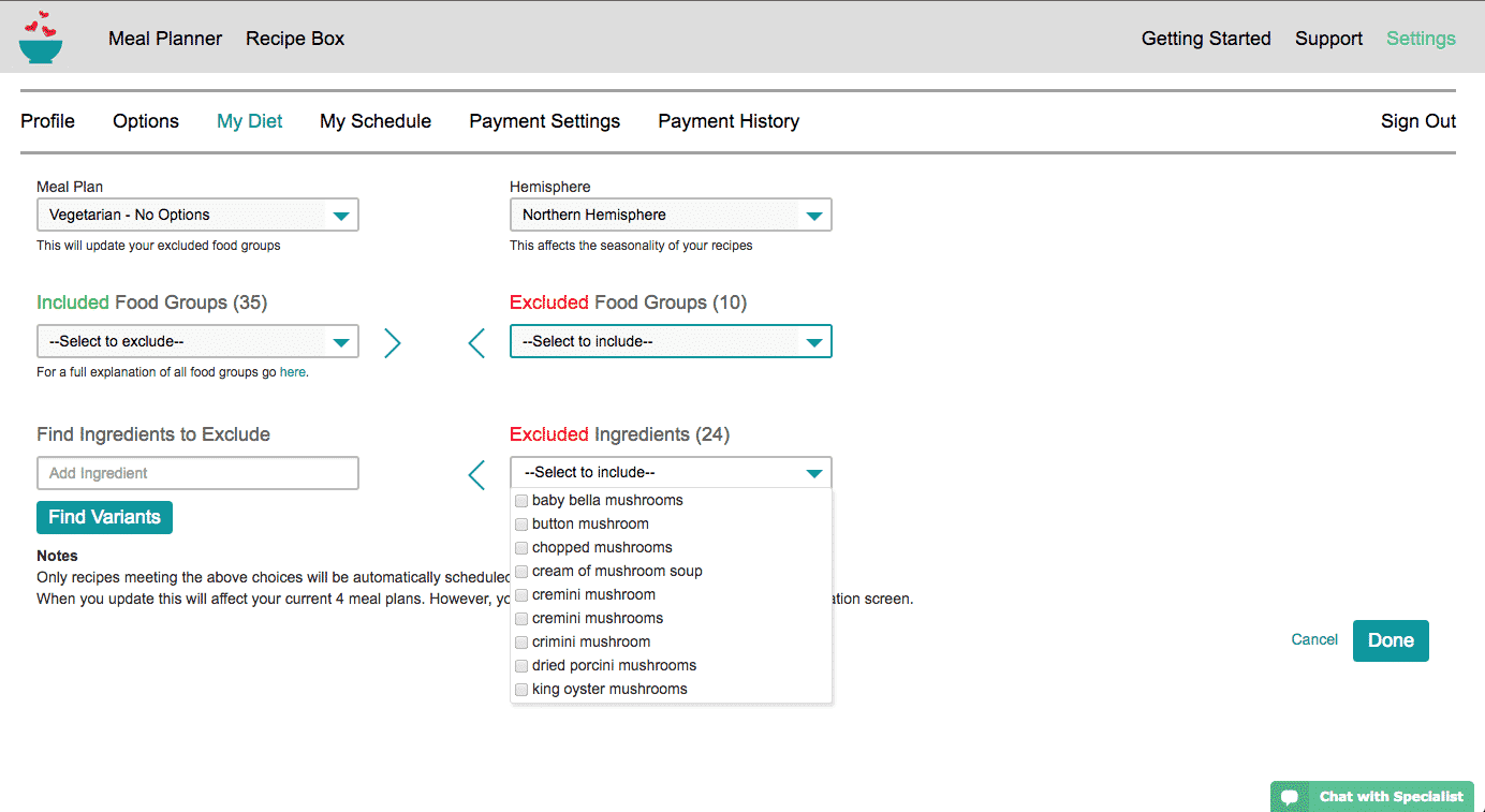 Excluding ingredients in Real Plans - Vegetarian Meal Plan