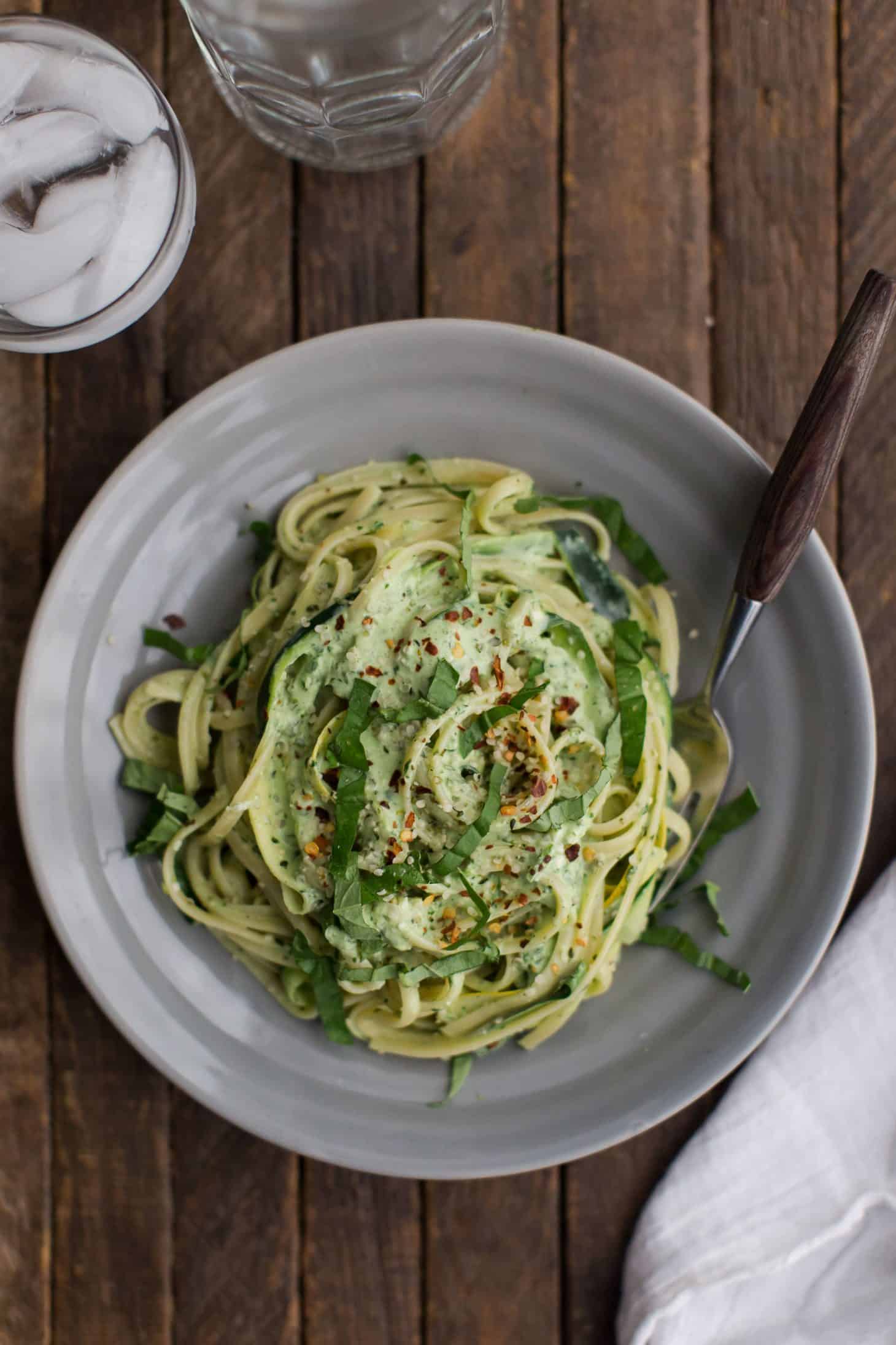 Summer Squash Pasta with Basil-Yogurt Sauce | @naturallyella 