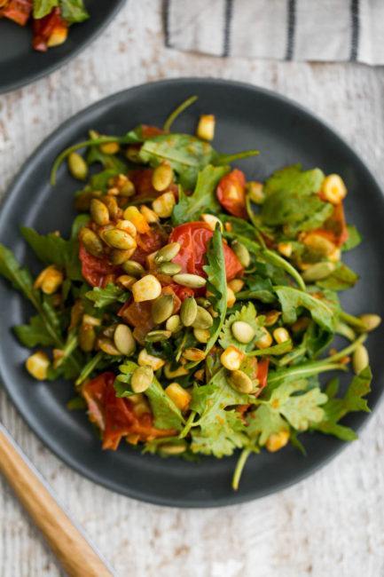 Vegan Roasted Sweet Corn Salad with Pepitas | @naturallyella