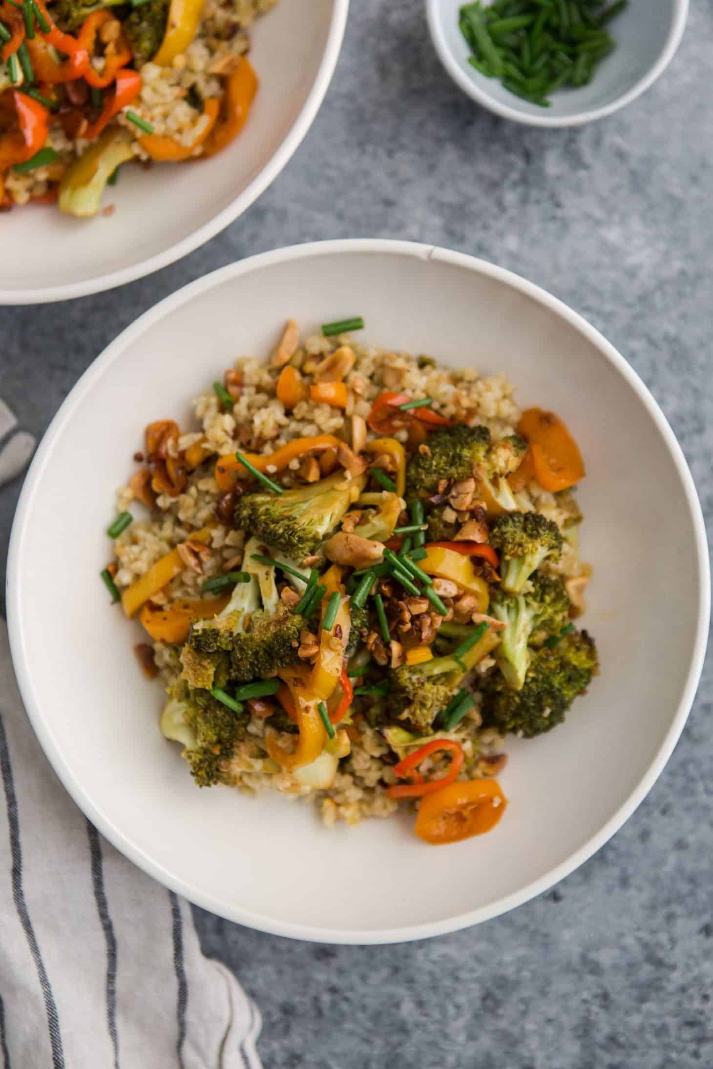 Chili Roasted Broccoli Bowls with Freekeh and Peppers | @naturallyella