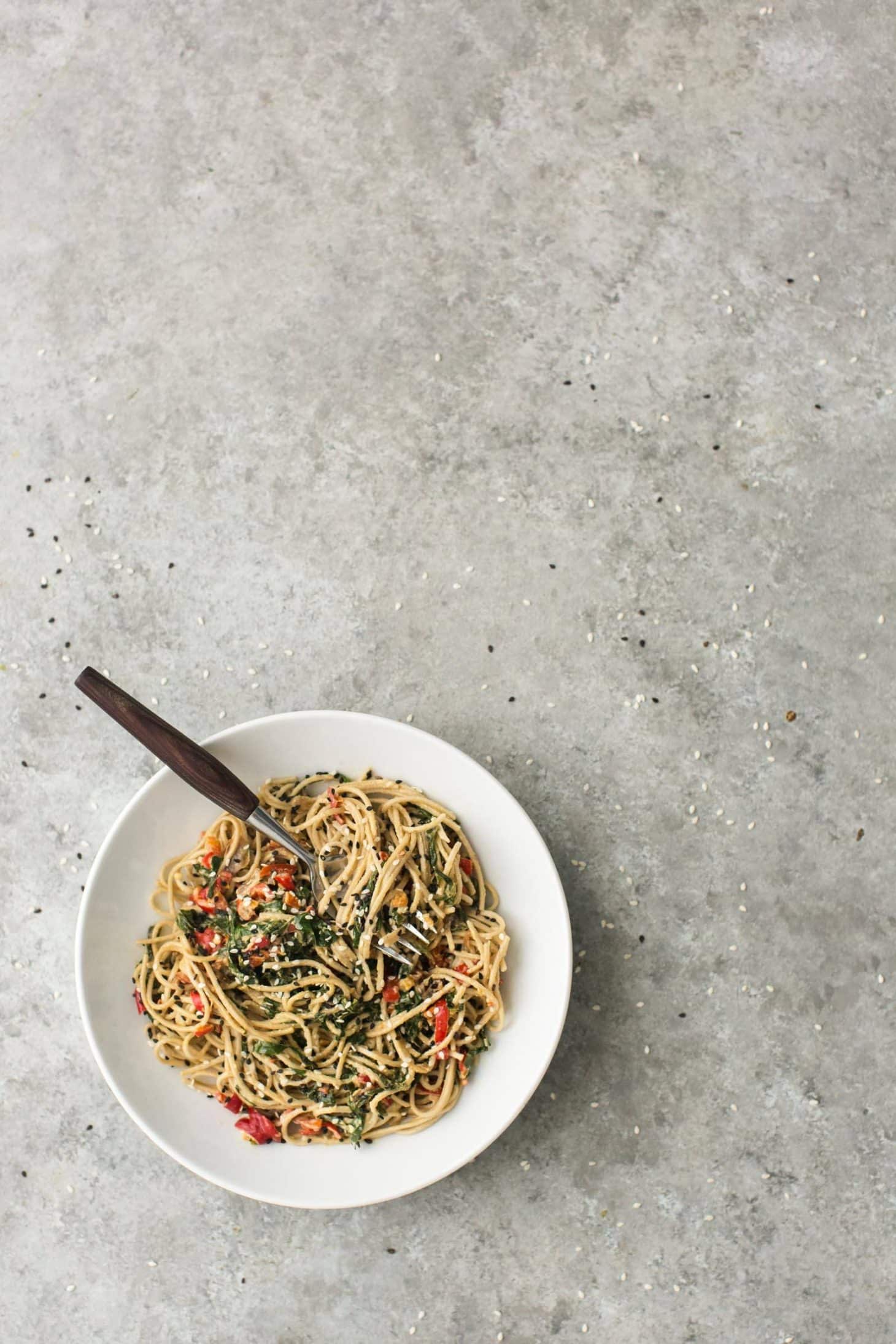 Tahini Noodle Bowl with Collards and Red Peppers | @naturallyella
