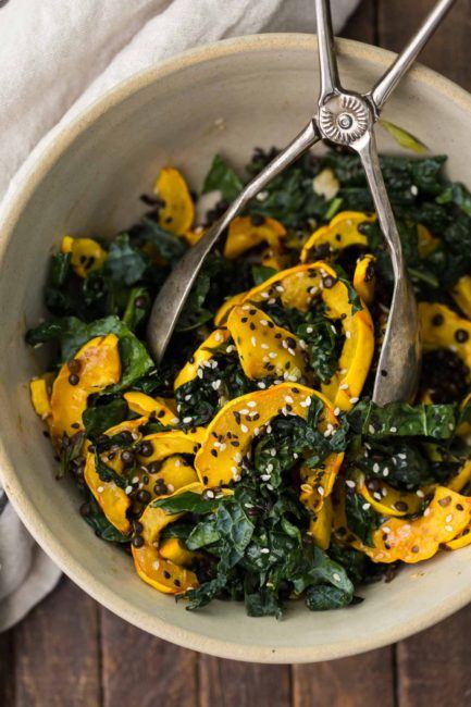 Sesame Delicata Squash Kale Salad with Black Lentils | @naturallyella