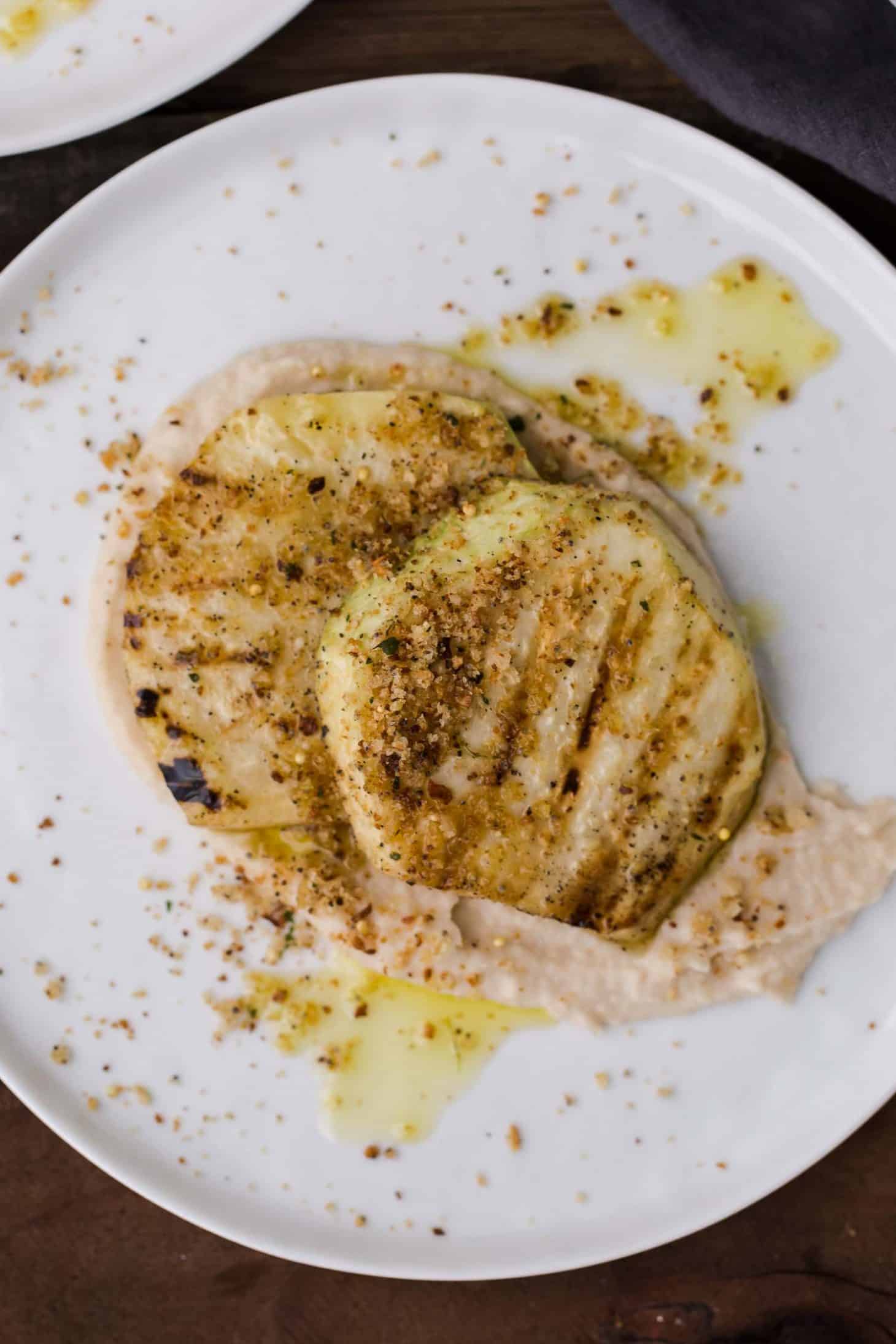 Grilled Celeriac with White Bean Puree and Breadcrumbs