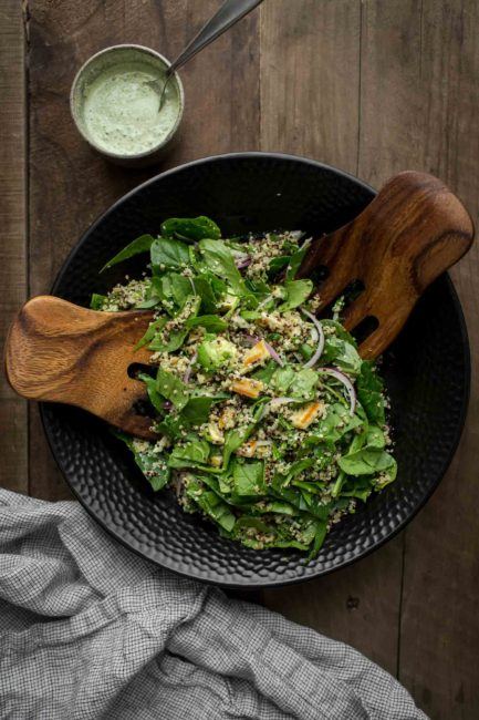 Halloumi Salad with Spinach, Quinoa, and Herbed Hemp Dressing | @naturallyella