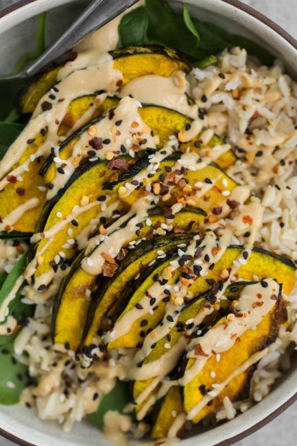 Sesame Kabocha Squash with Tahini Sauce and Brown Rice | @naturallyella