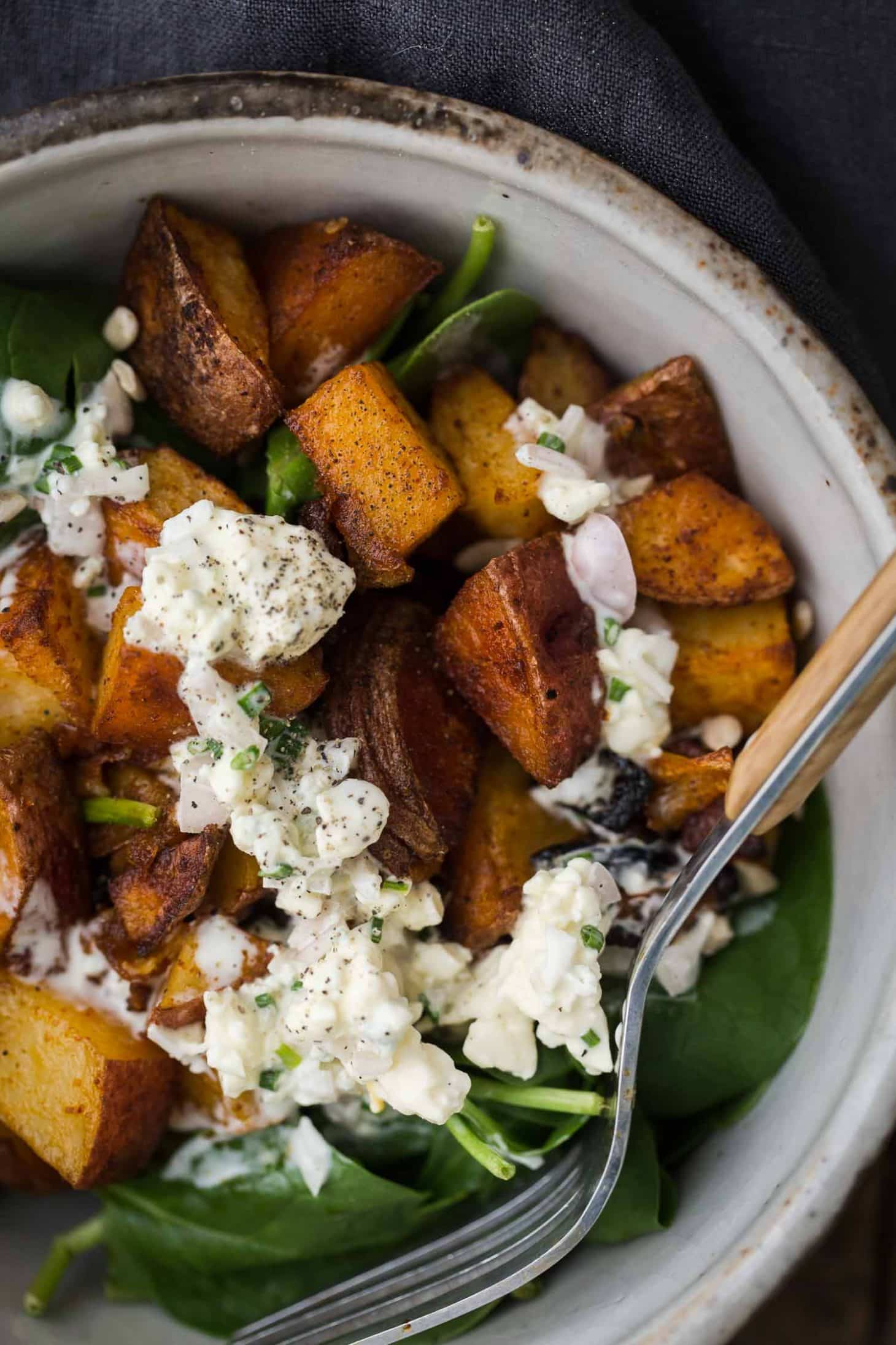 Smoked Paprika Potato Spinach Salad with Homemade Blue Cheese Dressing