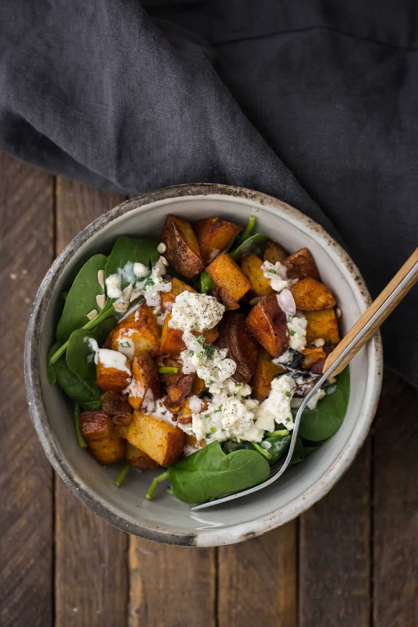 Smoked Paprika Potato Spinach Salad with Homemade Blue Cheese | @naturallyella