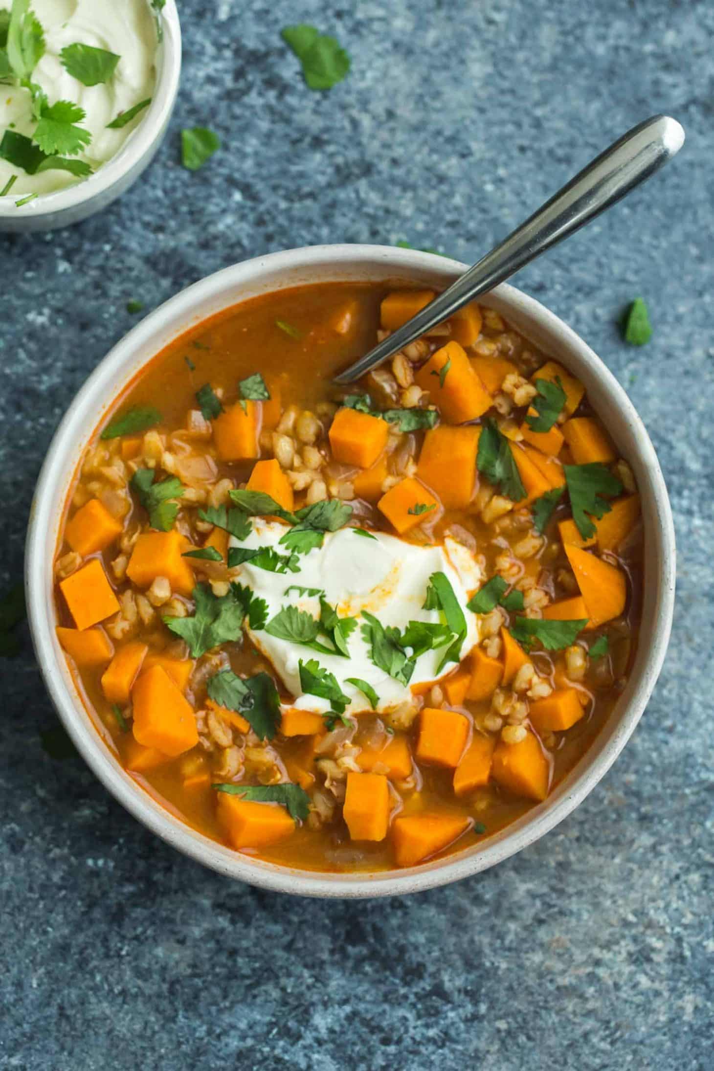 Sweet Potato Barley Stew with Sour Cream and Cilantro | @naturallyella