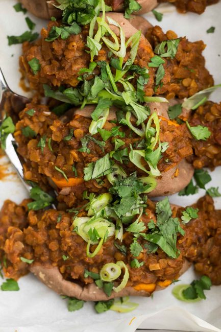 Chili Lentils over Sweet Potatoes with Cilantro | @naturallyella