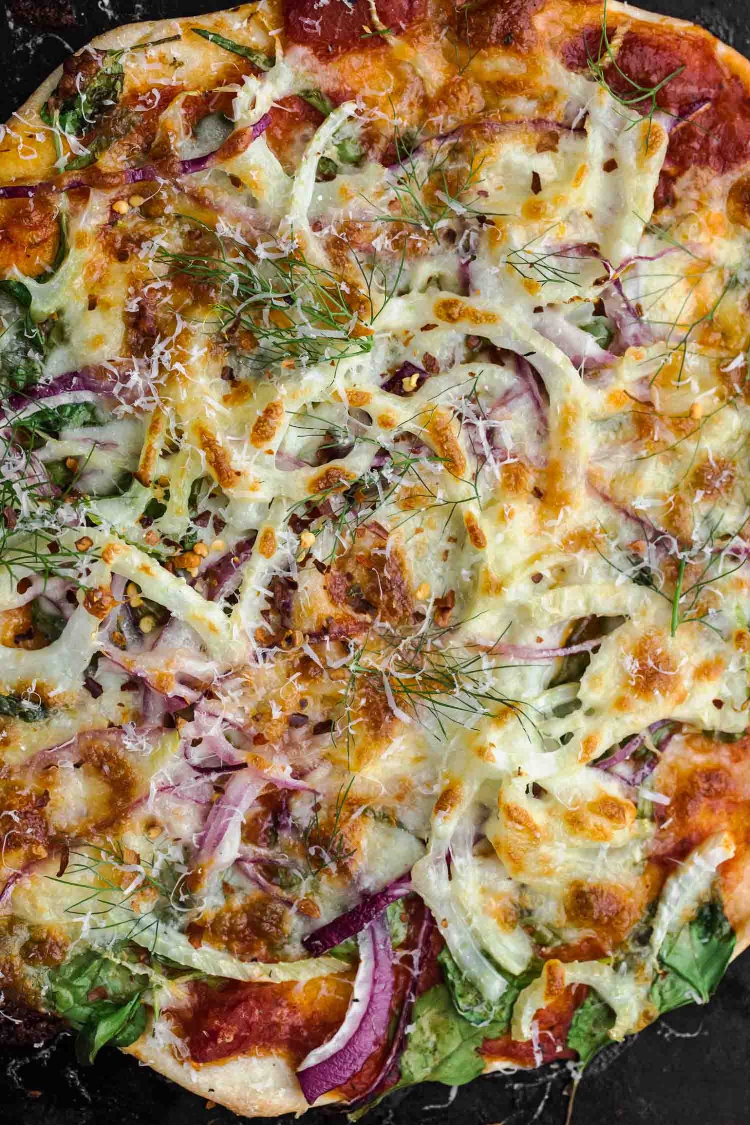Spinach Fennel Pizza with Red Onions | @naturallyella