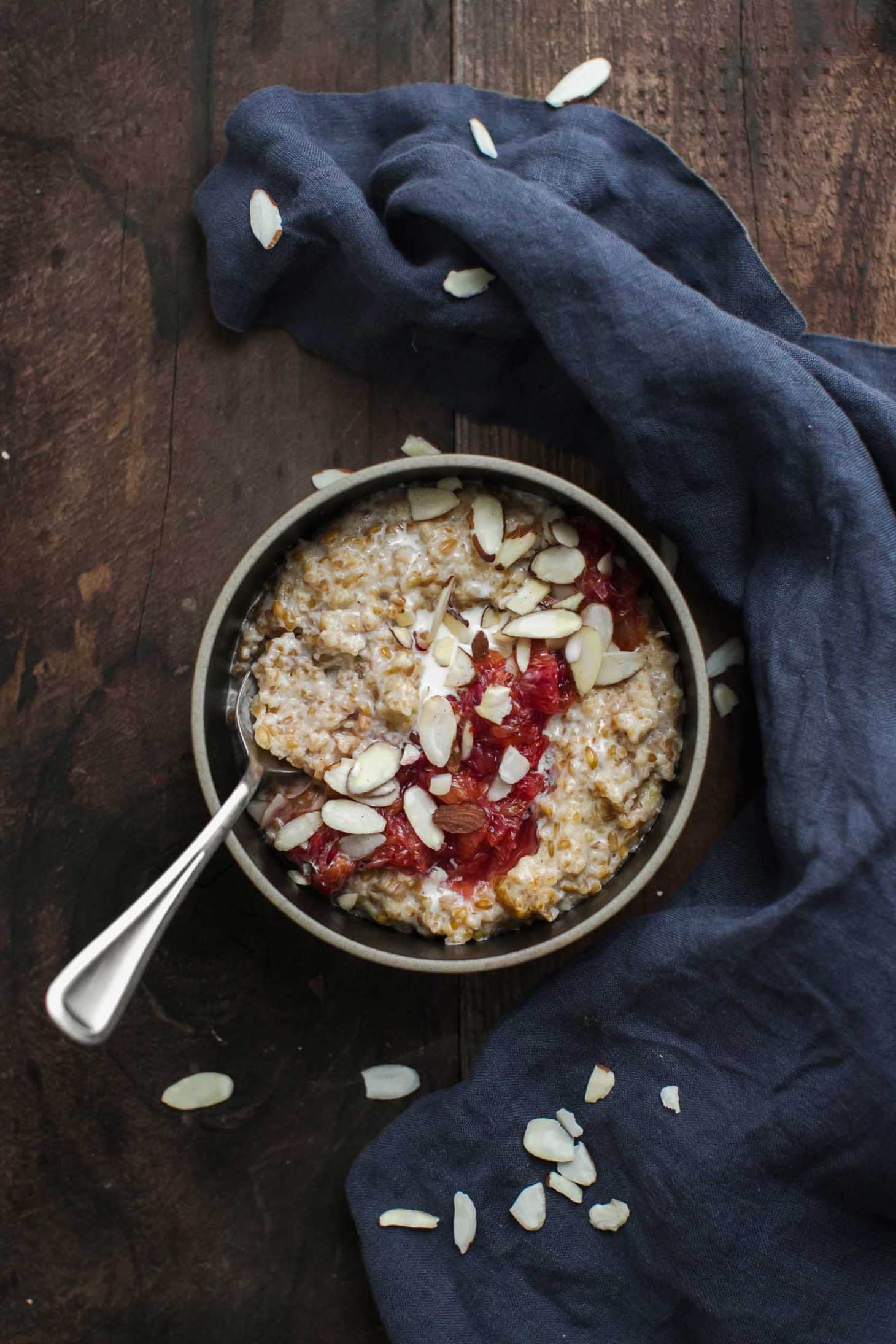 Cracked Einkorn Porridge with Stewed Blood Oranges and Almonds | Naturally Ella