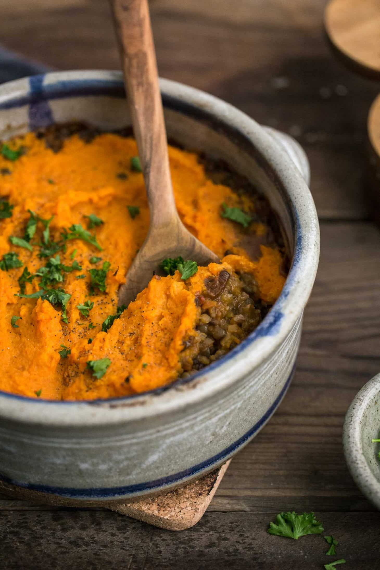 Lentil Shepherd's Pie with Sweet Potatoes and Bulgur | @naturallyella