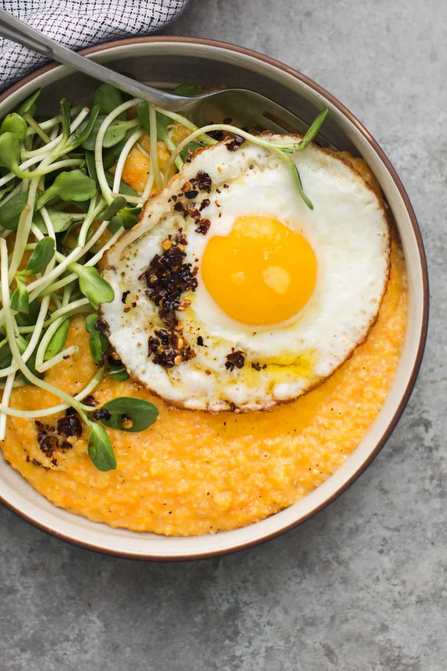 Sweet Potato Polenta with Fried Eggs and Chili Oil | Naturally Ella
