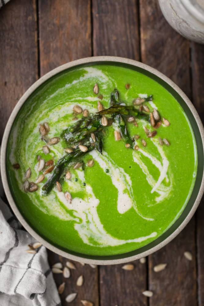 Spinach Roasted Asparagus Soup with Lemon Sunflower Cream | Naturally Ella