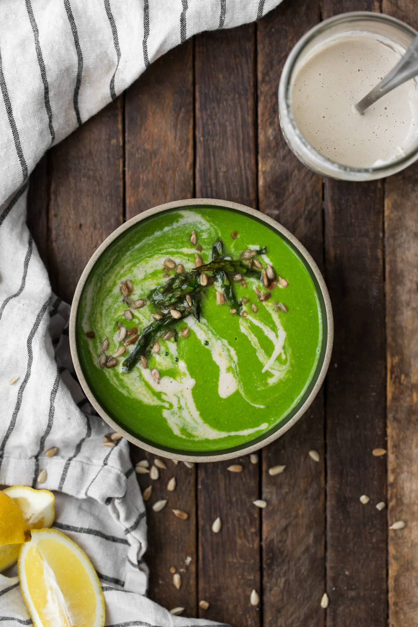 Spinach Asparagus Soup with Lemon Sunflower Cream