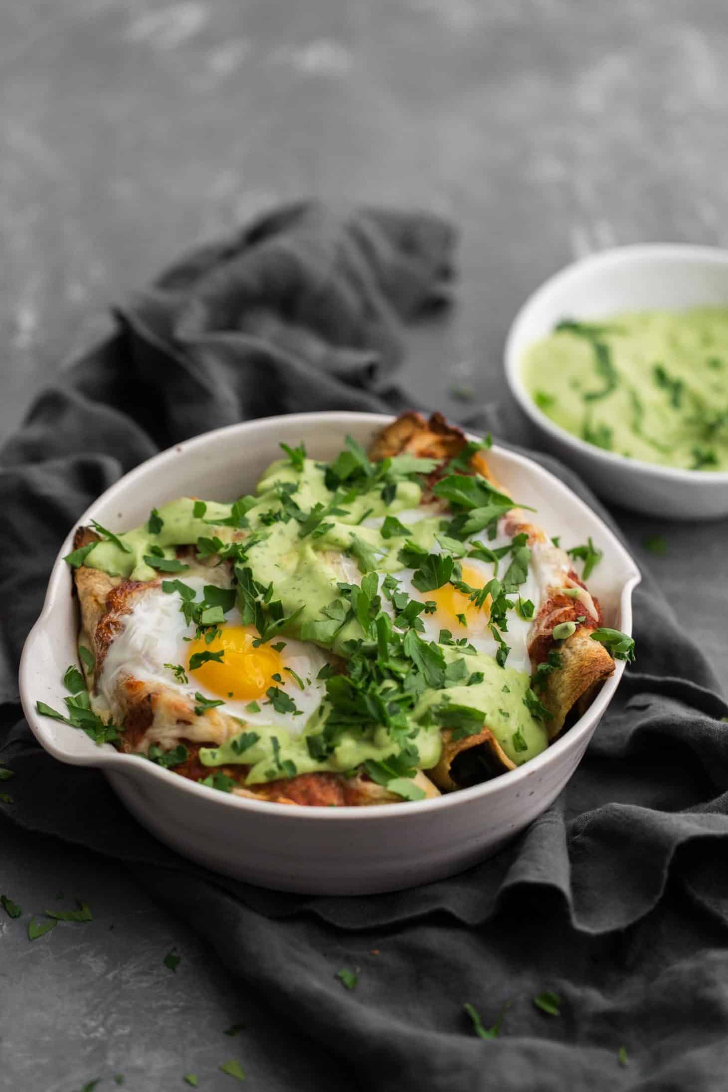 Potato and Spinach Breakfast Enchiladas with Avocado Cream Sauce | Naturally Ella