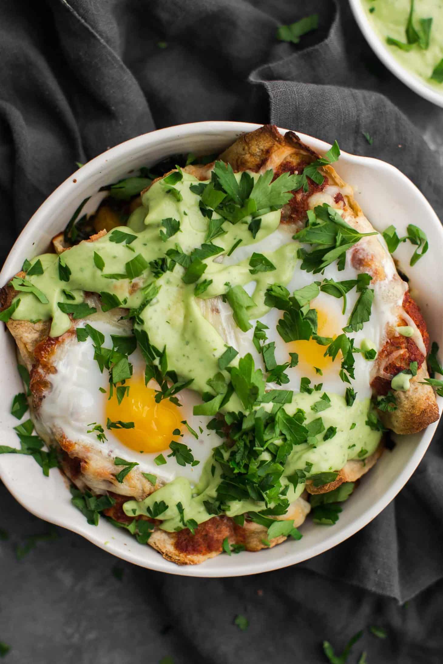 Breakfast Enchiladas with Avocado Cream Sauce