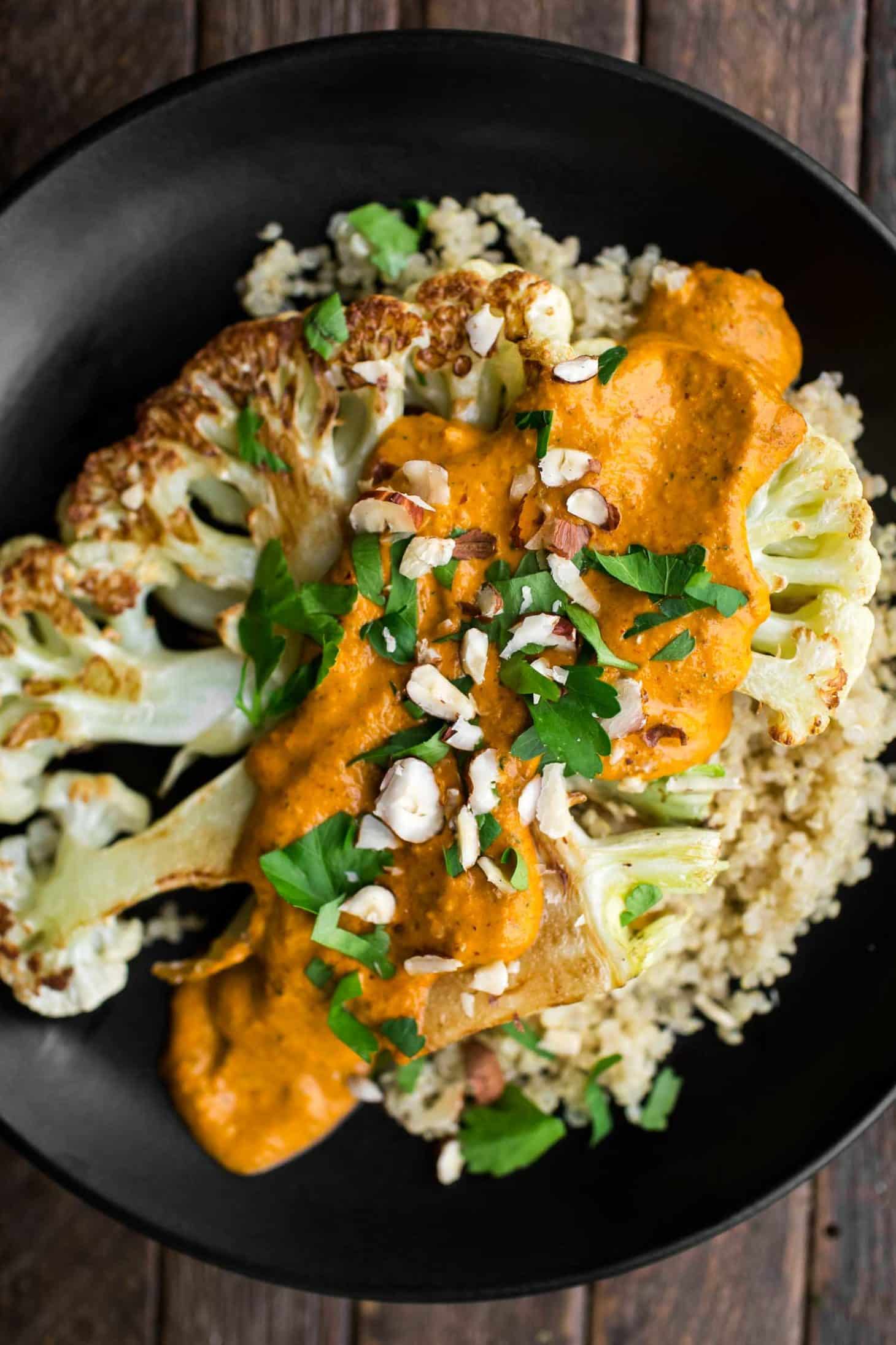 Fried Cauliflower with Romesco Sauce and Quinoa