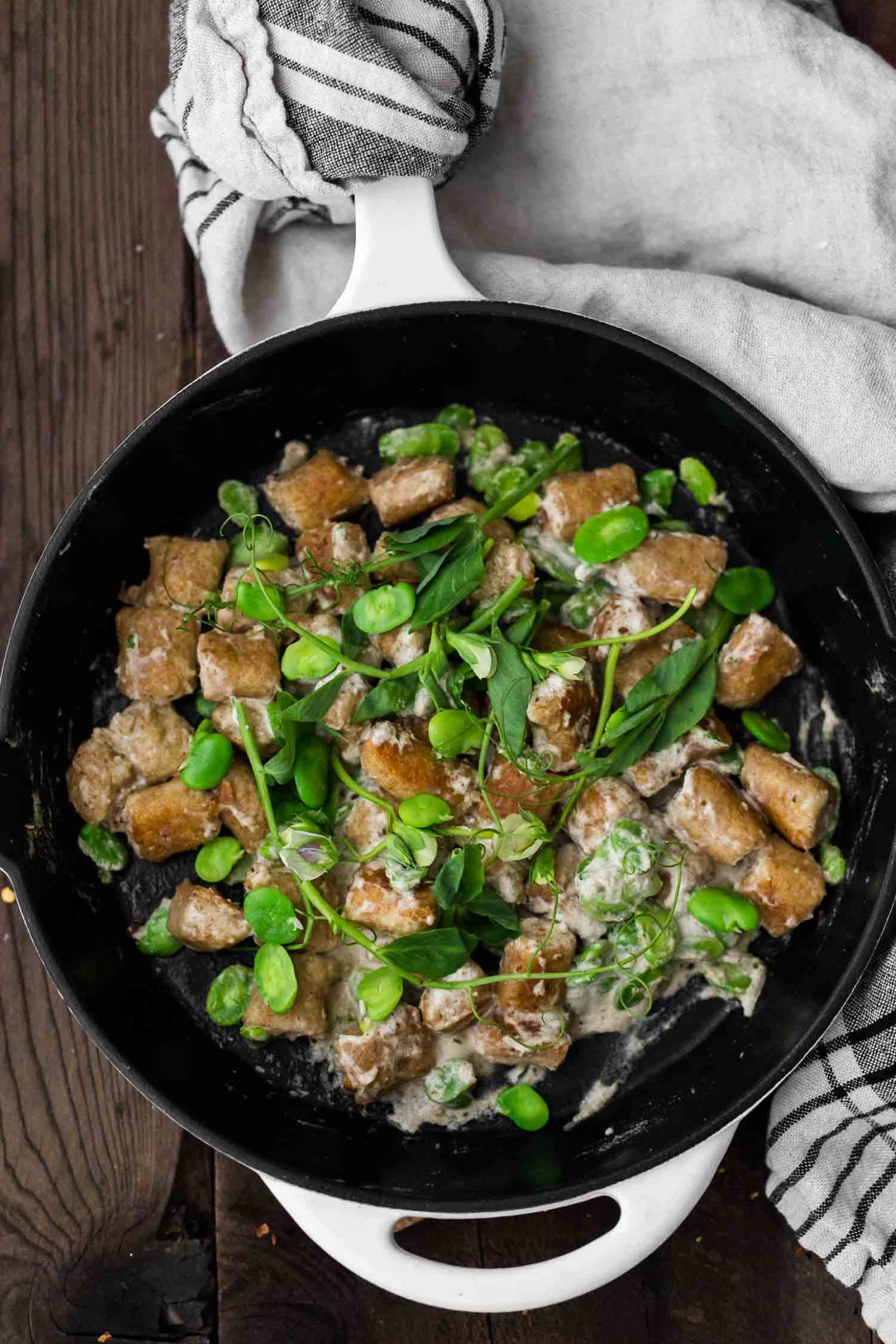 Spelt Gnocchi with Fava Beans and Walnut Sauce