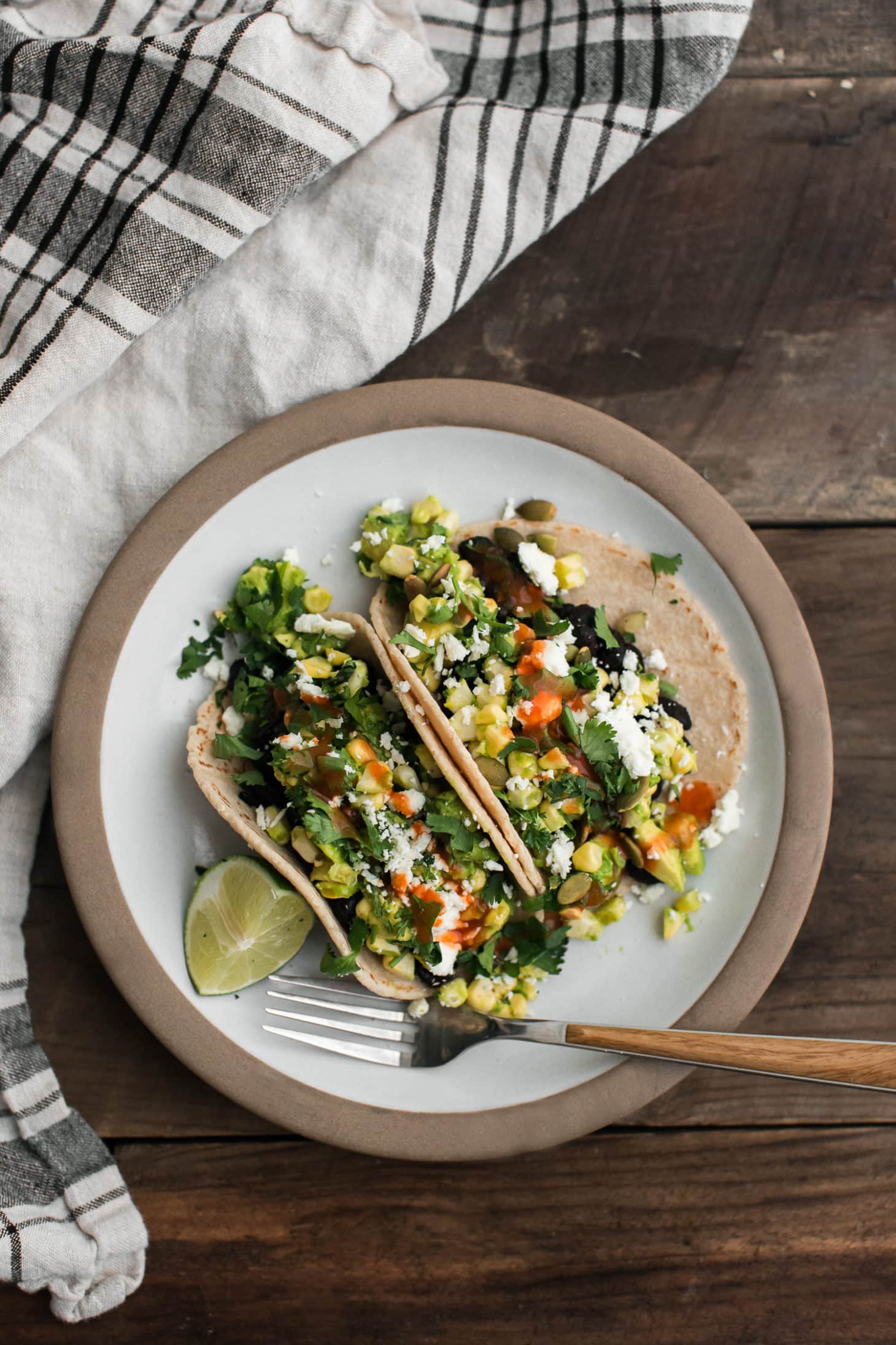 Black Bean Tacos with Avocado-Sweet Corn Salad with Feta | Naturally Ella